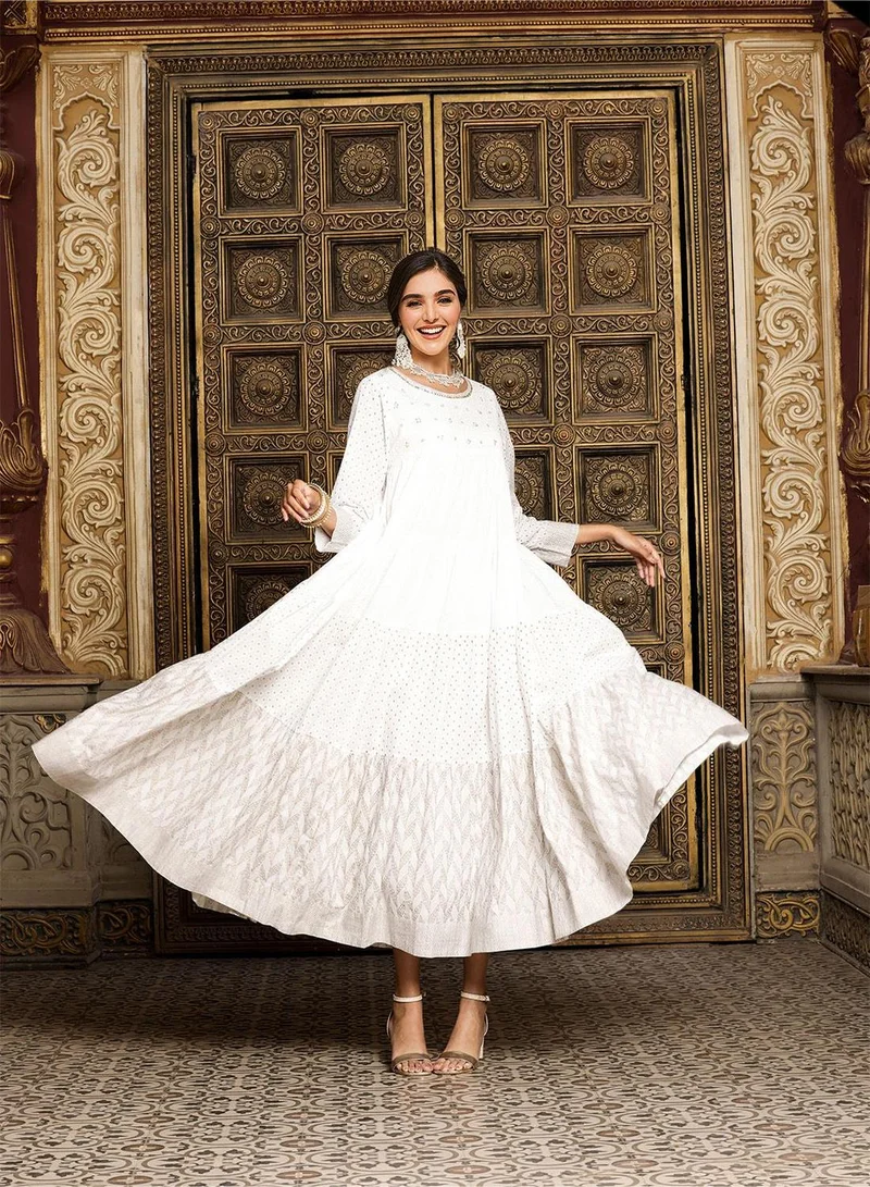 آي شين Women'S Off White 100% Cotton Embellished Regular Fit Dress